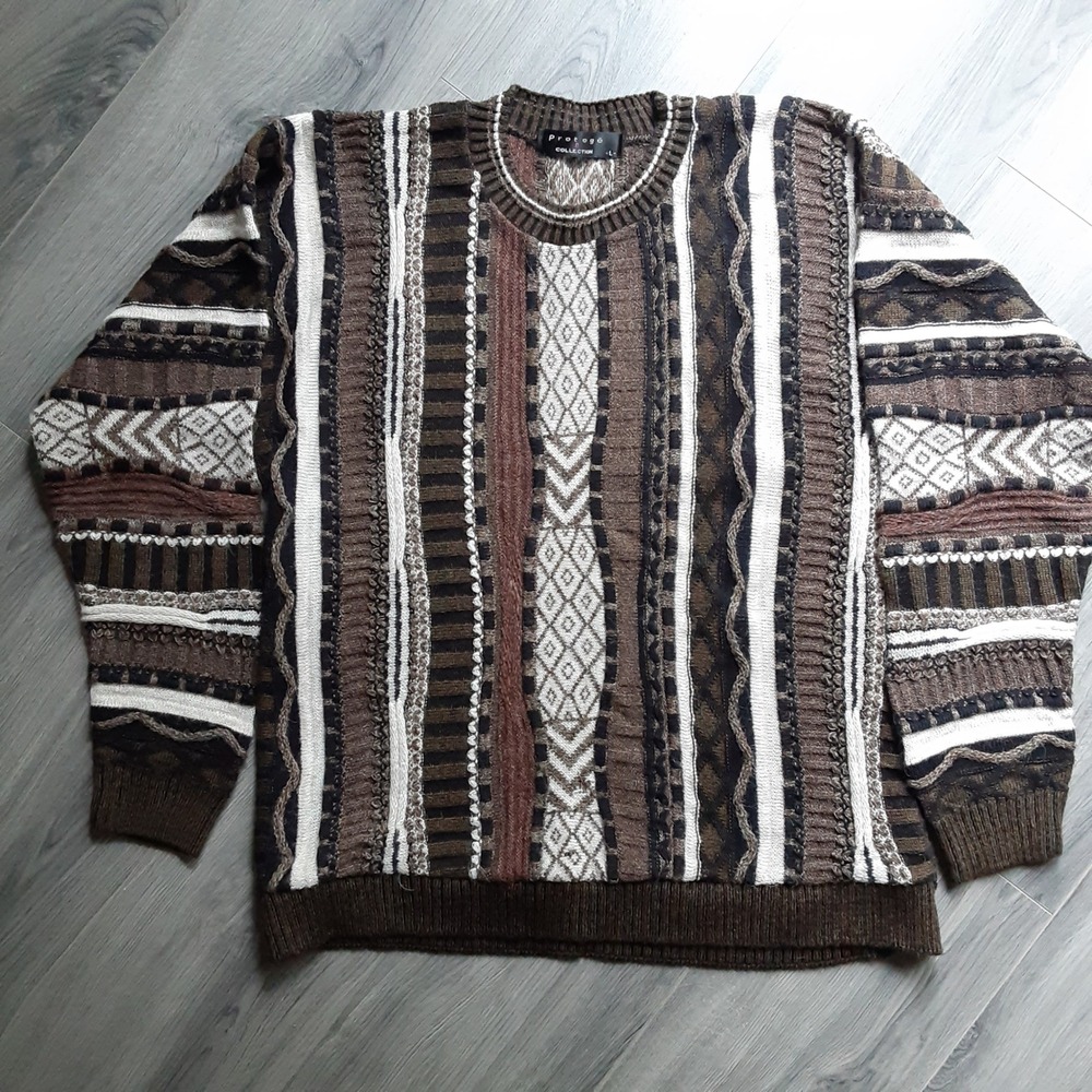 Protege Collection Mens Vintage 90s 3D Textured Knit Sweater Brown Cream Large